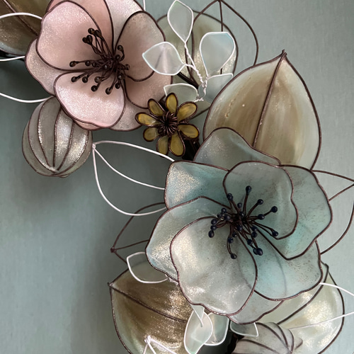 一点物】ピンクとミントブルーのアンティーク風リース 約33cm ワイヤー