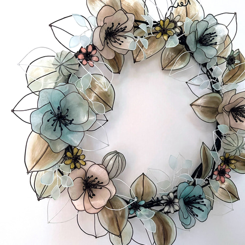 一点物】ピンクとミントブルーのアンティーク風リース 約33cm ワイヤー