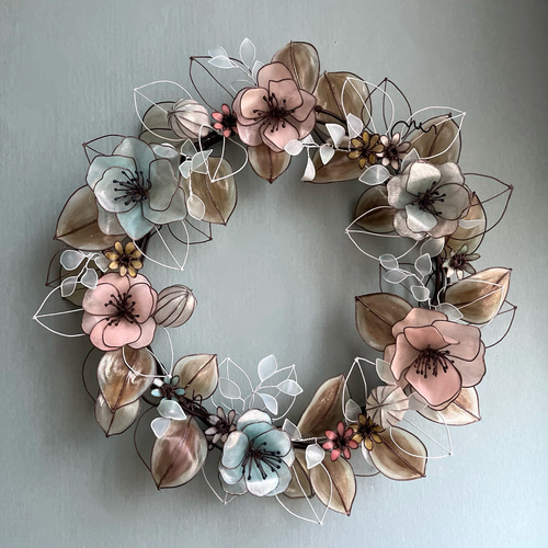 一点物】ピンクとミントブルーのアンティーク風リース 約33cm ワイヤー