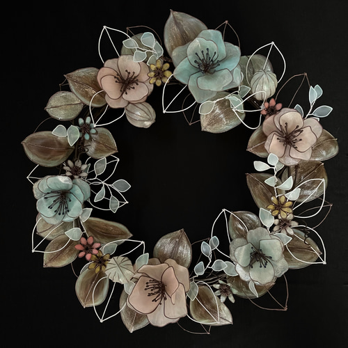 一点物】ピンクとミントブルーのアンティーク風リース 約33cm