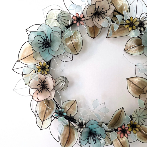 一点物】ピンクとミントブルーのアンティーク風リース 約33cm ワイヤー