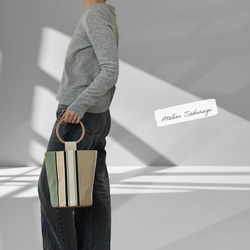 ピスタチオグリーンのフランス生地×ウッド調ハンドルor巾着選べるバケツバッグ 3枚目の画像