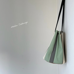 ピスタチオグリーンのフランス生地×ウッド調ハンドルor巾着選べるバケツバッグ 6枚目の画像