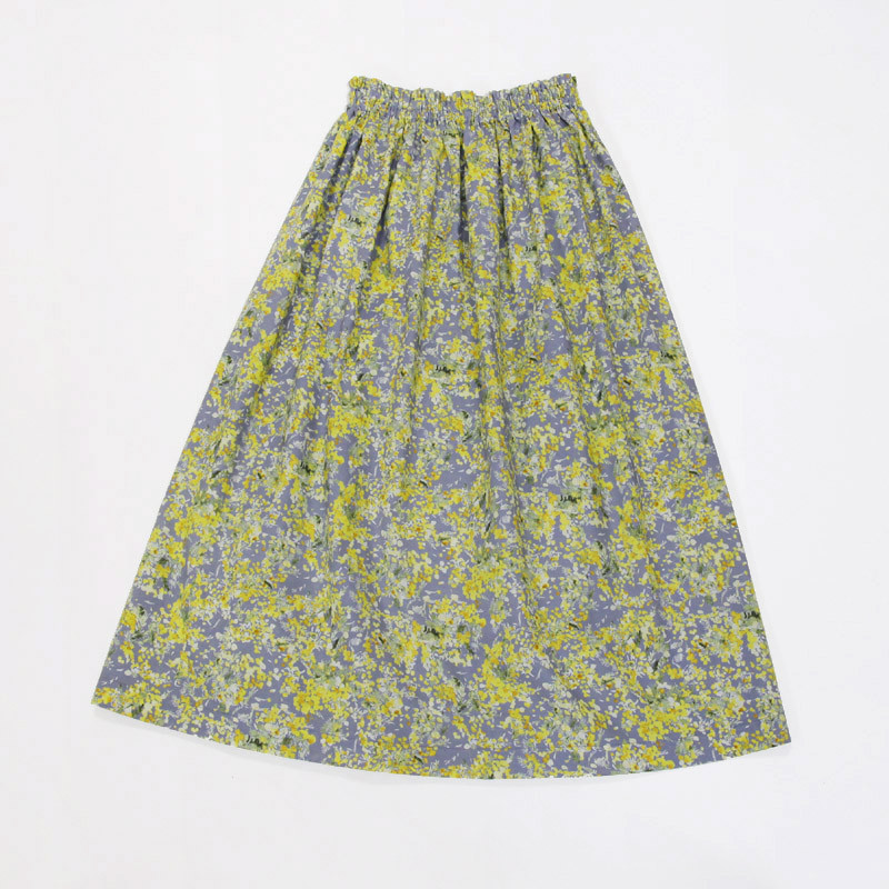 【即納】 ミモザ フラワープリント（グレー）コットンギャザースカート 春  春の誕生花2026 ミモザ2026