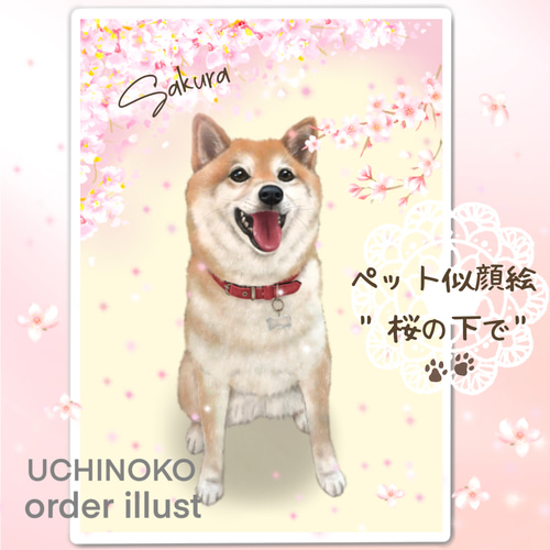 ペット似顔絵 桜の下で… 犬 猫 オーダーメイド イラスト