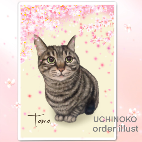 ペット似顔絵 桜の下で… 犬 猫 オーダーメイド イラスト