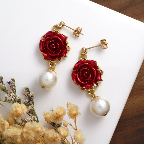 送料無料 赤薔薇とコットンパール ピアス・ブレスレット 2点セット