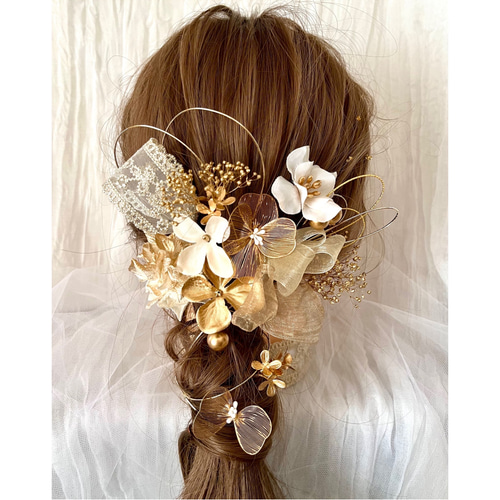 送料無料》ゴールドフラワーとリボンの髪飾り⌘卒業式 和装 成人式
