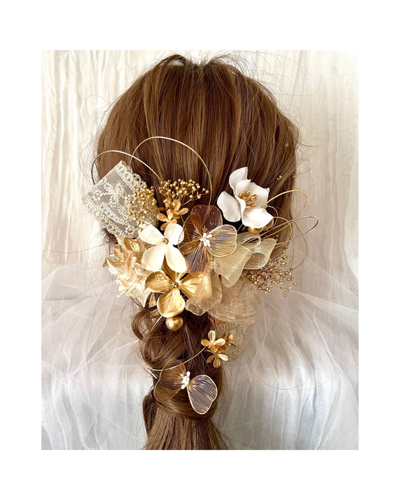 《送料無料》ゴールドフラワーとリボンの髪飾り⌘卒業式 和装 成人式 水引 オーガンジーリボン 刺繍リボン 3枚目の画像