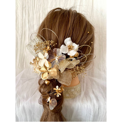 《送料無料》ゴールドフラワーとリボンの髪飾り⌘卒業式 和装 成人式 水引 オーガンジーリボン 刺繍リボン 2枚目の画像