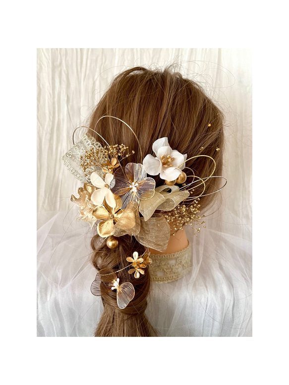 《送料無料》ゴールドフラワーとリボンの髪飾り⌘卒業式 和装 成人式 水引 オーガンジーリボン 刺繍リボン 2枚目の画像