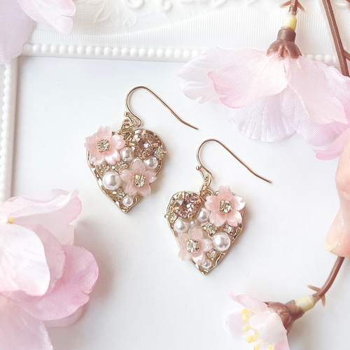 桜ビジュー ハートフープ ピアス/イヤリング ピアス（その他
