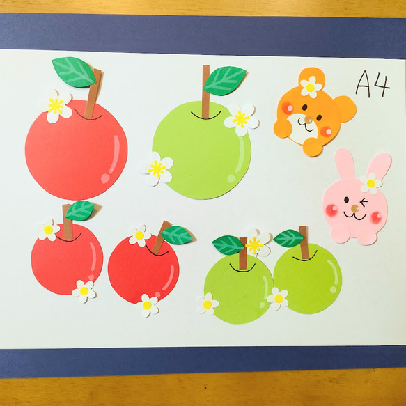 ラミネート変更可　メッセージカード　写真　壁面　飾り　～たくさんのリンゴと動物さんと共に♪～　うさぎ　熊　花　りんご　 9枚目の画像