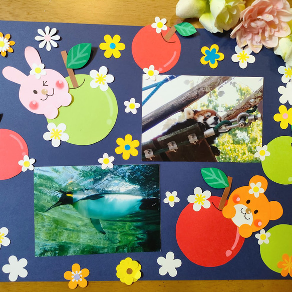 ラミネート変更可　メッセージカード　写真　壁面　飾り　～たくさんのリンゴと動物さんと共に♪～　うさぎ　熊　花　りんご　 10枚目の画像