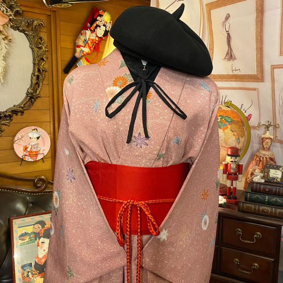 着物 洗える 化繊 ワンピース ドレス ハンドメイド リメイク 帯サッシュベルト  KW-219 2枚目の画像