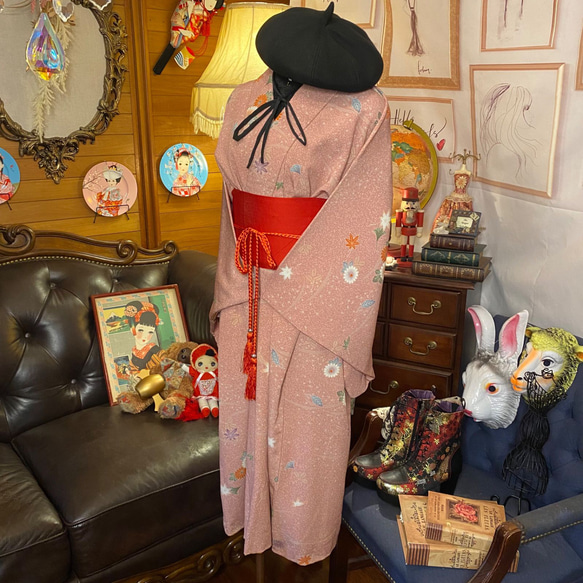着物 洗える 化繊 ワンピース ドレス ハンドメイド リメイク 帯サッシュベルト  KW-219 6枚目の画像