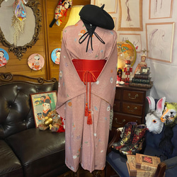 着物 洗える 化繊 ワンピース ドレス ハンドメイド リメイク 帯サッシュベルト  KW-219 5枚目の画像
