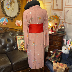 着物 洗える 化繊 ワンピース ドレス ハンドメイド リメイク 帯サッシュベルト  KW-219 7枚目の画像