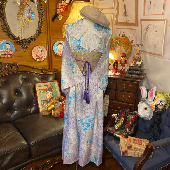 和洋折衷 古着 洗える 化繊 着物 和 ハンドメイド リメイク ワンピース ドレス 帯サッシュベルト 素KW-221 5枚目の画像