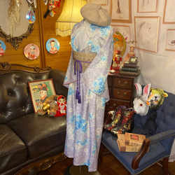和洋折衷 古着 洗える 化繊 着物 和 ハンドメイド リメイク ワンピース ドレス 帯サッシュベルト 素KW-221 6枚目の画像