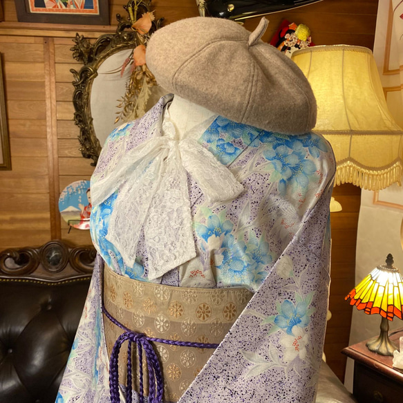 和洋折衷 古着 洗える 化繊 着物 和 ハンドメイド リメイク ワンピース ドレス 帯サッシュベルト 素KW-221 3枚目の画像