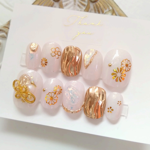 淡色和装ネイルチップ ホワイトゴールド花柄ネイルチップ 10個セット
