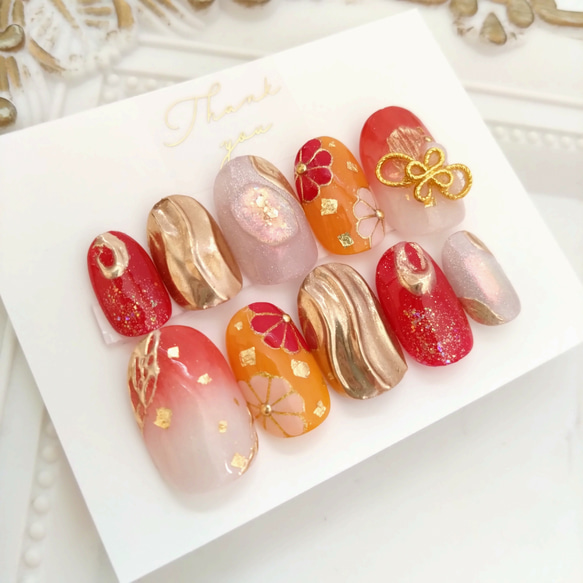 前撮りや振袖に◇赤のグラデとオレンジとゴールドのミラーアート  