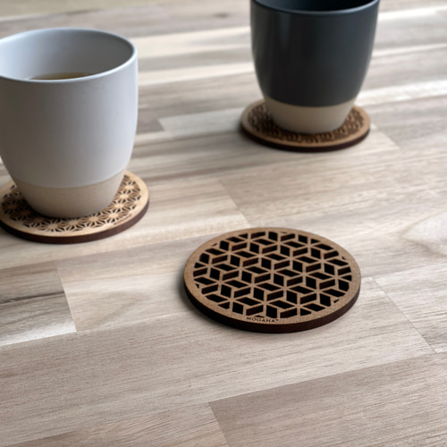 網代麻の葉（あじろあさのは）】2枚セット/天然木和柄コースター