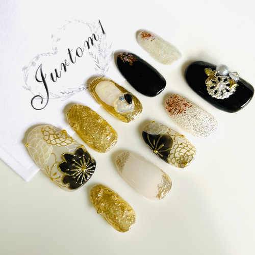 ブラック和柄ネイル】成人式ネイル／ブライダルネイル／黒ネイル  