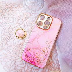 さくらピンク 大理石風iPhoneケース&スマホリングセット アルコールインクアート　春色 桜ハンドメイド2024 8枚目の画像