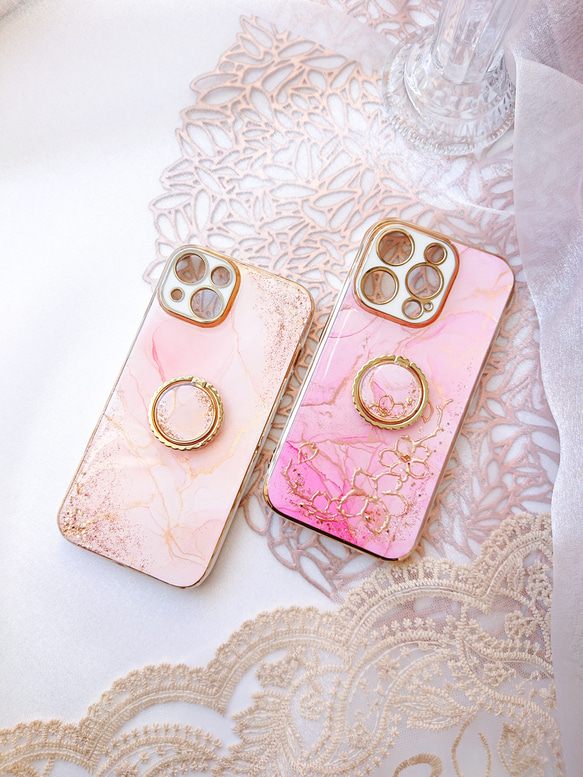 さくらピンク 大理石風iPhoneケース&スマホリングセット アルコールインクアート　春色 桜ハンドメイド2024 3枚目の画像