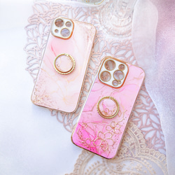 さくらピンク 大理石風iPhoneケース&スマホリングセット アルコールインクアート　春色 桜ハンドメイド2024 1枚目の画像