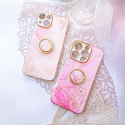 さくらピンク 大理石風iPhoneケース アルコールインクアート 春色 桜