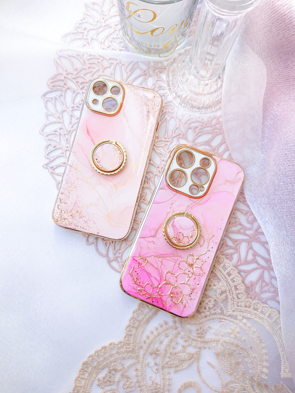 さくらピンク 大理石風iPhoneケース アルコールインクアート 春色 桜