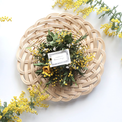 薔薇　ミモザ　ナチュラル　ドライフラワー　リース ミモザのドライフラワーリース(雫型) | 花菜Jun