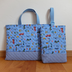 レッスンバッグ＆上履き入れ＊カラフルなのりもの＊グレー レッスン