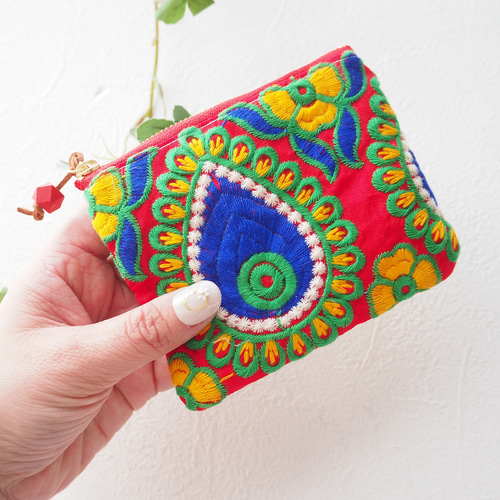 リップポーチ　ポーチ　ミニポーチ　インド刺繍　リボン　グリーン　1108-1 リップポーチ ポーチ ミニポーチ インド刺繍 リボン ピンク 1108-7