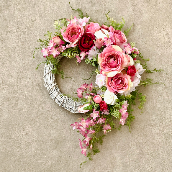 春リース、薔薇、桜　「春待ちわびて」　造花　『桜ハンドメイド2024』ピンク 5枚目の画像