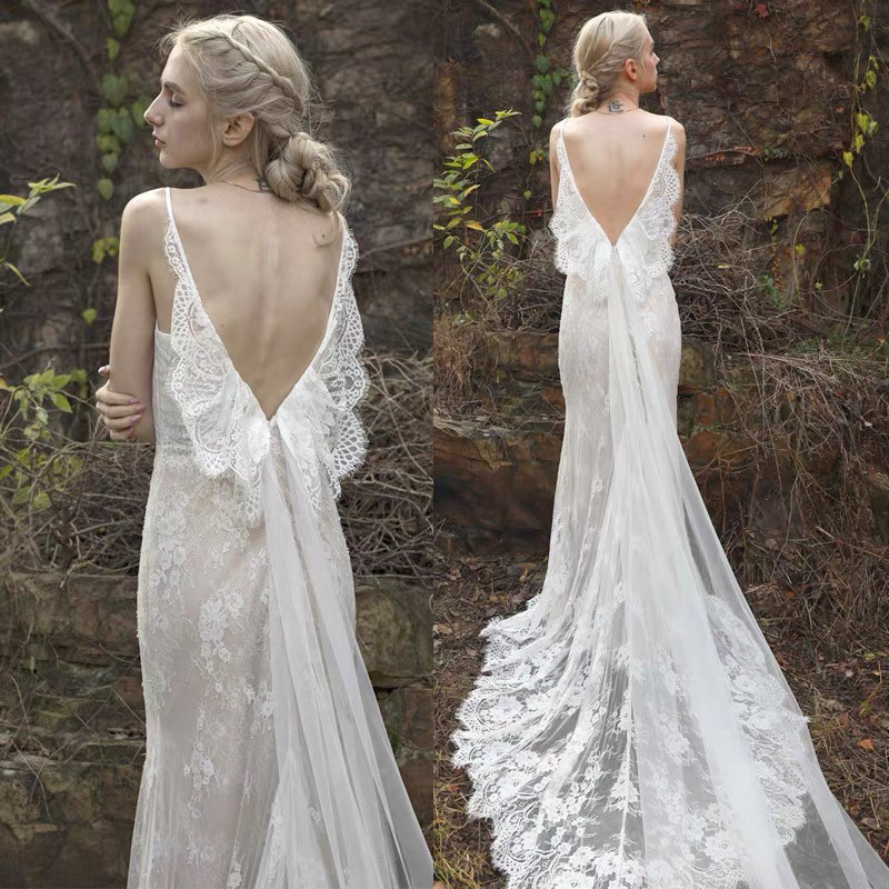 総柄レース ロングヴェール風 二次会 前撮り ウェディングドレス（WD242057）