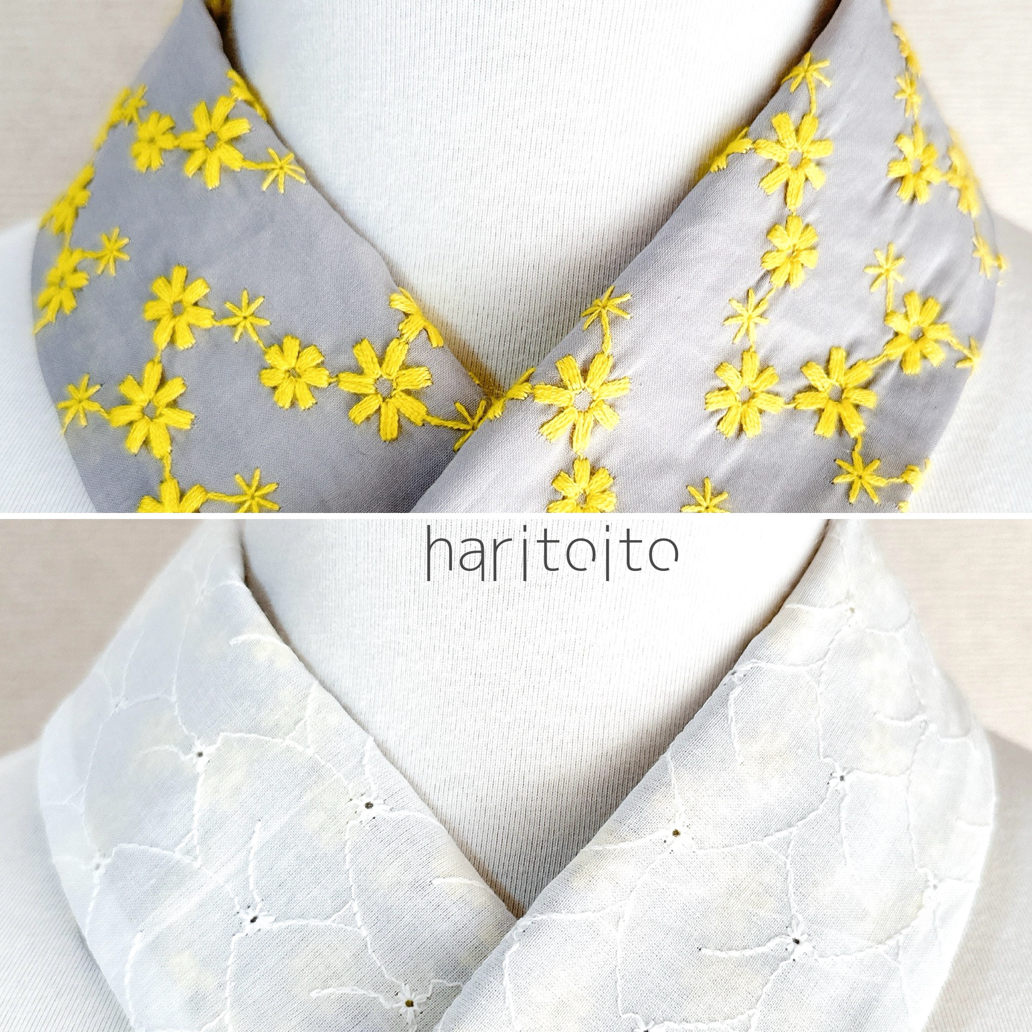 かんたん半衿 リバーシブル 小花レース黄×刺繍レース白 和装小物
