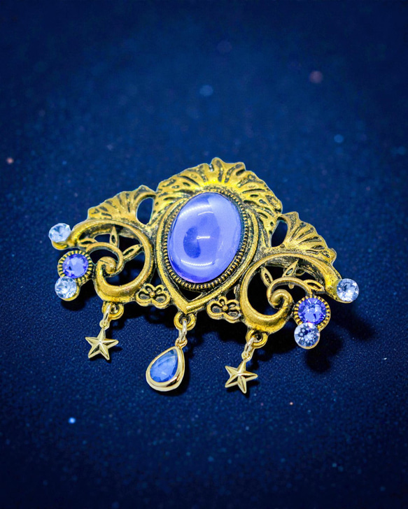 宵の宝石 ― ゴールドとブルーの幻想ブローチ】チェコヴィンテージ