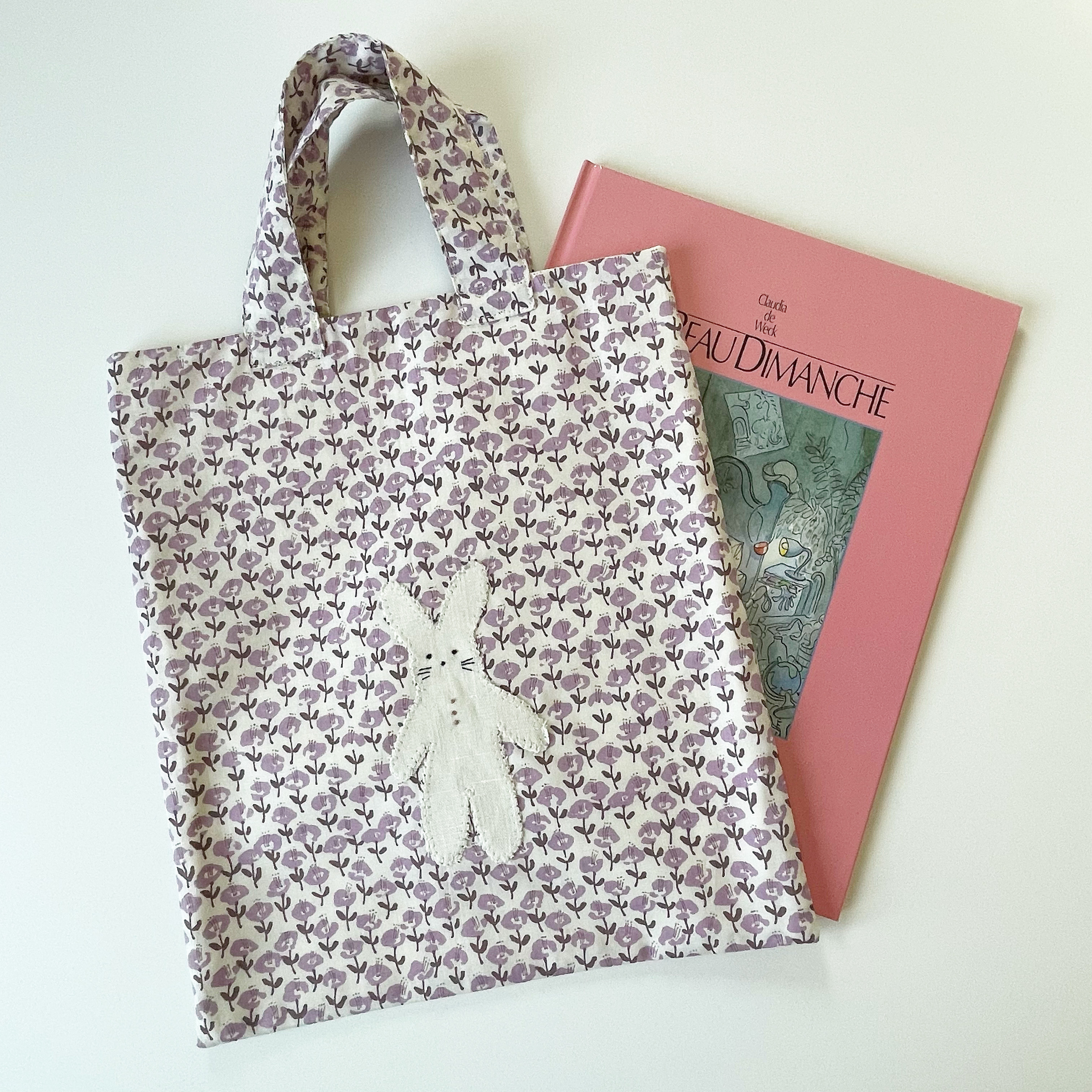 刺繍うさぎ アップリケバッグ（ラベンダー)ミニトート・絵本