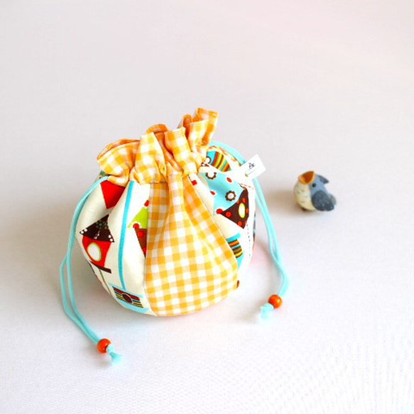 鳥好きさんの丸底巾着/オレンジ 巾着袋 Shimarisumama 通販 17252375