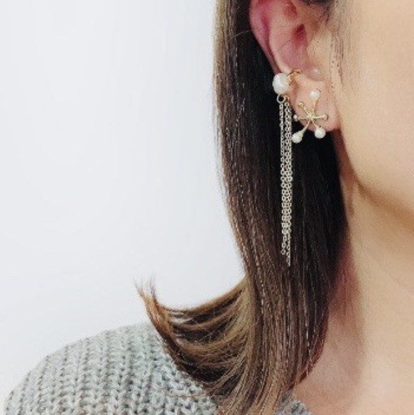 ゴールドチェーンと淡水パールのイヤーカフ（片耳用） ～　Gold chain pearl ear-cuff 7枚目の画像