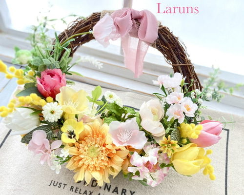 商品名【羽菜】ゆみい♥イエローローズの花束風スワッグリース 春