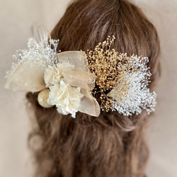 オーガンジーリボンと白い紫陽花の髪飾り　水引付き／ウェディング　振袖　袴　卒業式　成人式　結婚式 3枚目の画像