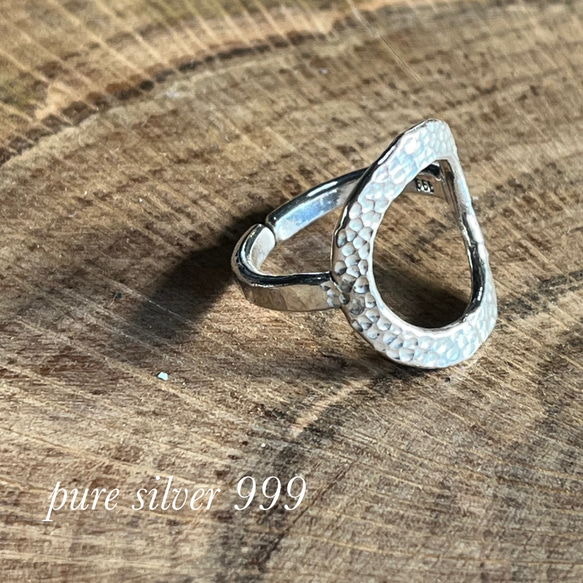 「純銀」ピュアシルバー（SV９９９ )槌目サークルオープンリング（フリーサイズ） 5枚目の画像