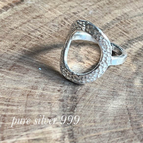 「純銀」ピュアシルバー（SV９９９ )槌目サークルオープンリング（フリーサイズ） 4枚目の画像