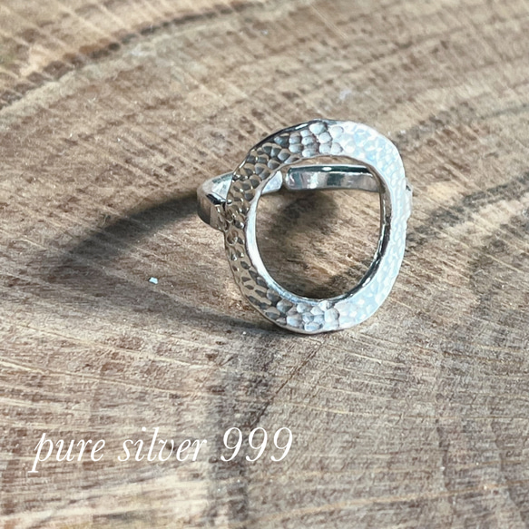 「純銀」ピュアシルバー（SV９９９ )槌目サークルオープンリング（フリーサイズ） 2枚目の画像