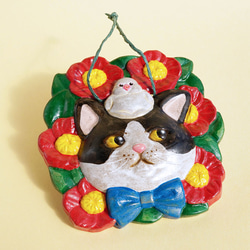 [陶土]猫と文鳥と椿の壁掛け[陶器 オブジェ] 9枚目の画像
